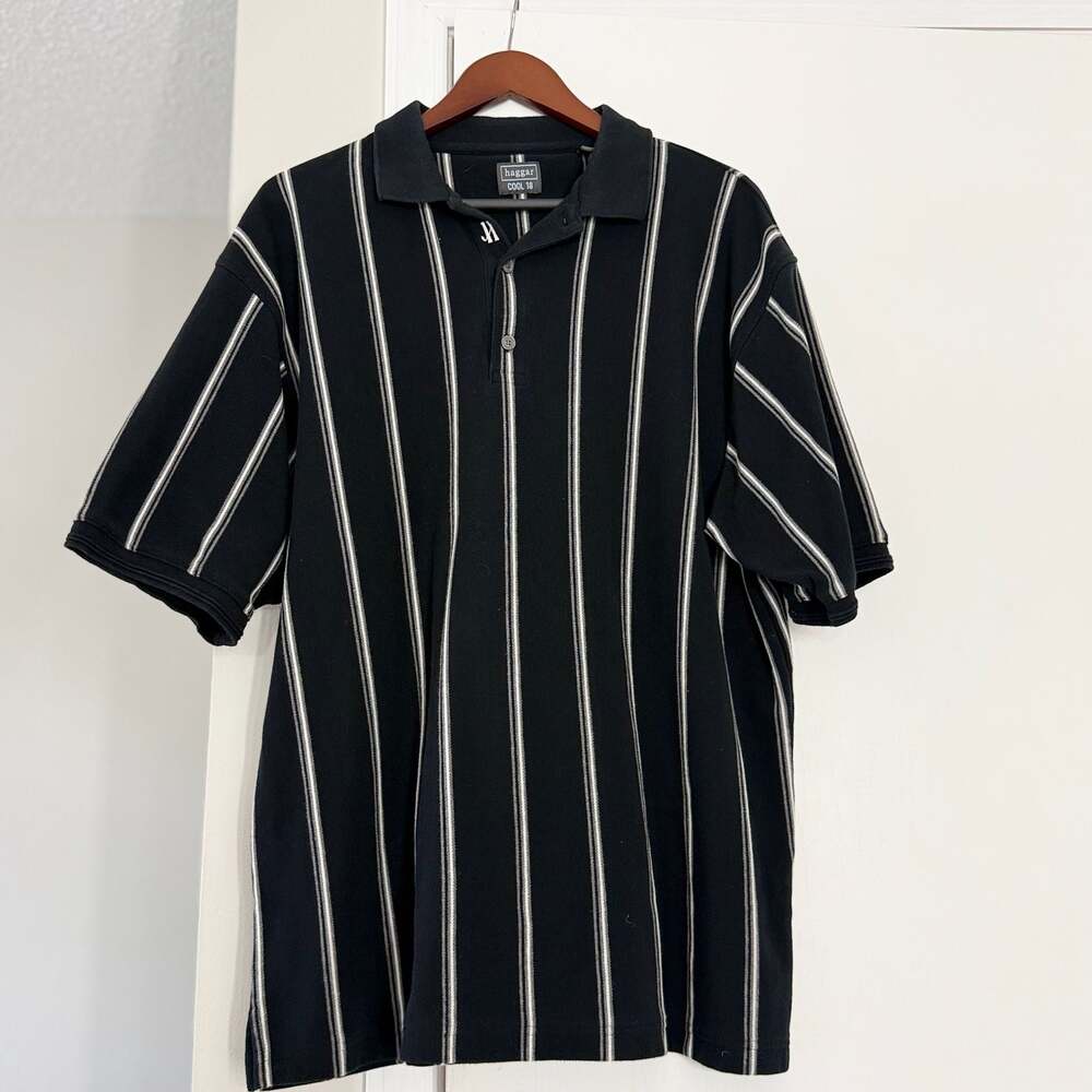 Haggar Cool 18 Cotton Striped Polo Shirt Black White Size XL Retro